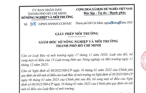 Giấy phép môi trường của Bệnh viện Đại học Y Dược Thành phố Hồ Chí Minh - Cơ sở 2 được Sở Nông nghiệp và Môi trường cấp ngày 20/01/2026