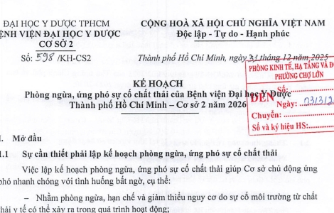 Kế hoạch phòng ngừa, ứng phó sự cố chất thải của Bệnh viện Đại học Y Dược Thành phố Hồ Chí Minh -  Cơ sở 2 năm 2026
